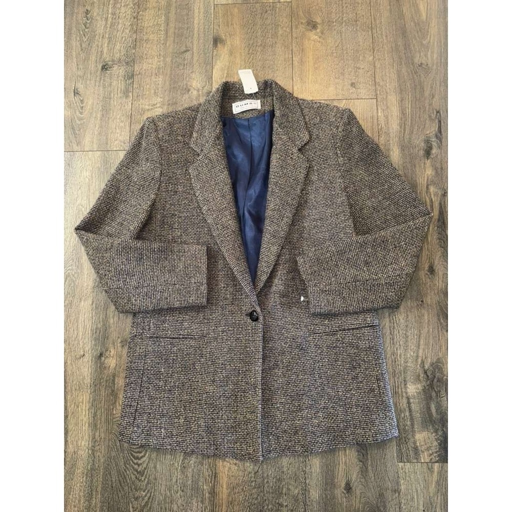 DUMAS‎ Women's Vintage Style Tweed Brown Blue Lining Wool Blazer Jacket sz Large